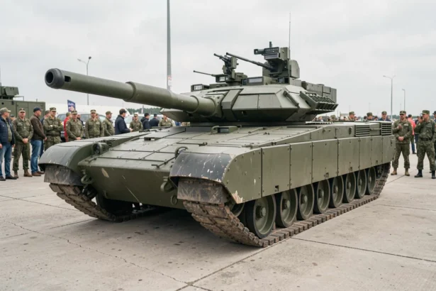 Char Leclerc exposé lors d'une exhibition militaire extérieure, vue trois-quarts avant avec tourelle et blindage réactif visibles