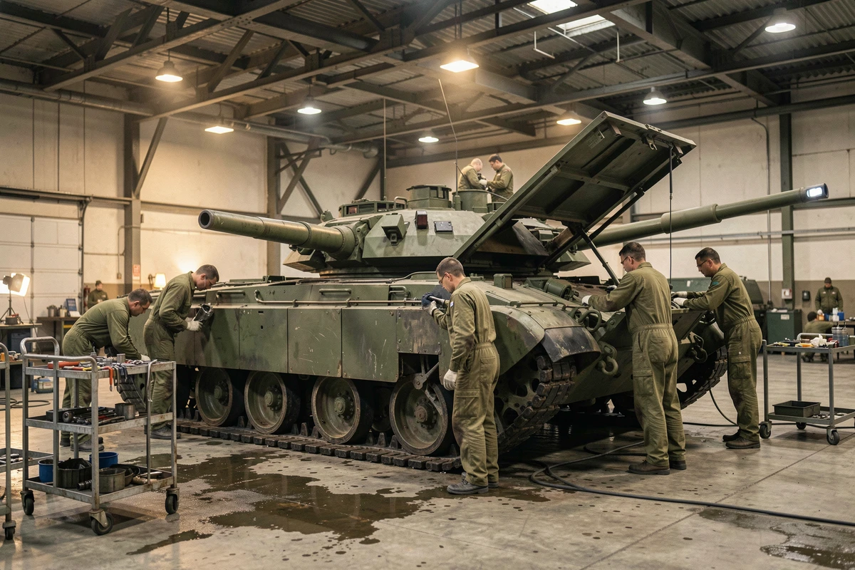 Mécaniciens effectuant la maintenance d'un char Leclerc dans un hangar militaire, moteur et compartiment arrière ouverts