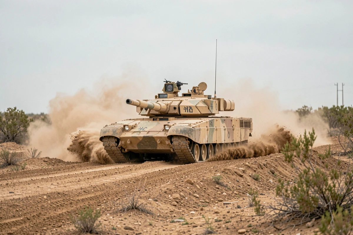 Char Leclerc en manœuvre sur terrain aride, soulevant un nuage de poussière lors d'un exercice militaire