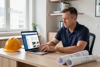 Chef d'entreprise BTP consultant le site cap-btp.com sur un ordinateur portable dans un bureau moderne