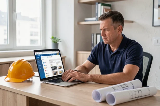 Chef d'entreprise BTP consultant le site cap-btp.com sur un ordinateur portable dans un bureau moderne
