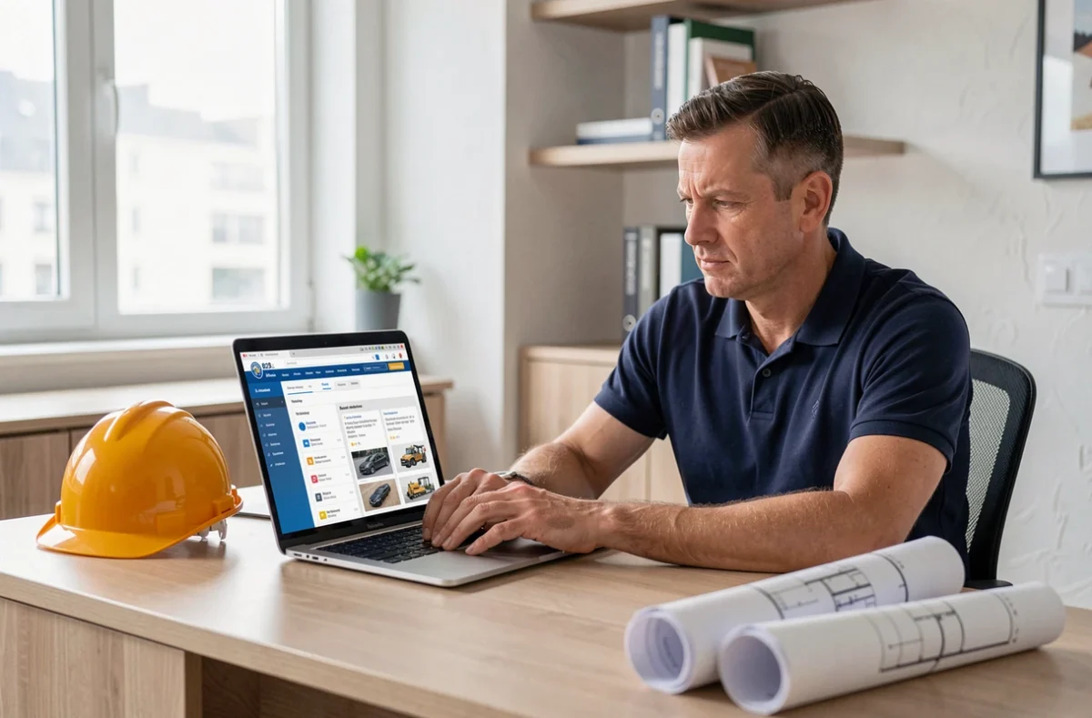 Chef d'entreprise BTP consultant le site cap-btp.com sur un ordinateur portable dans un bureau moderne