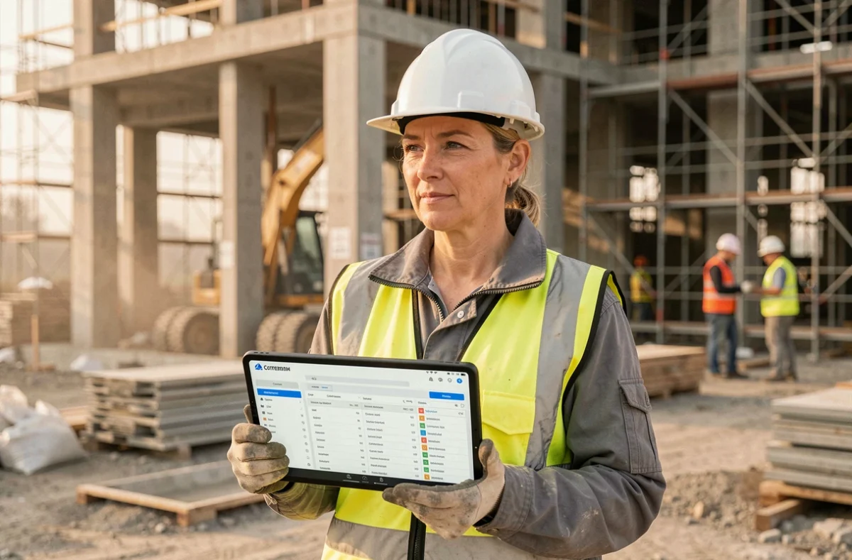 Cheffe de projet BTP sur un chantier de construction consultant un annuaire professionnel en ligne sur tablette