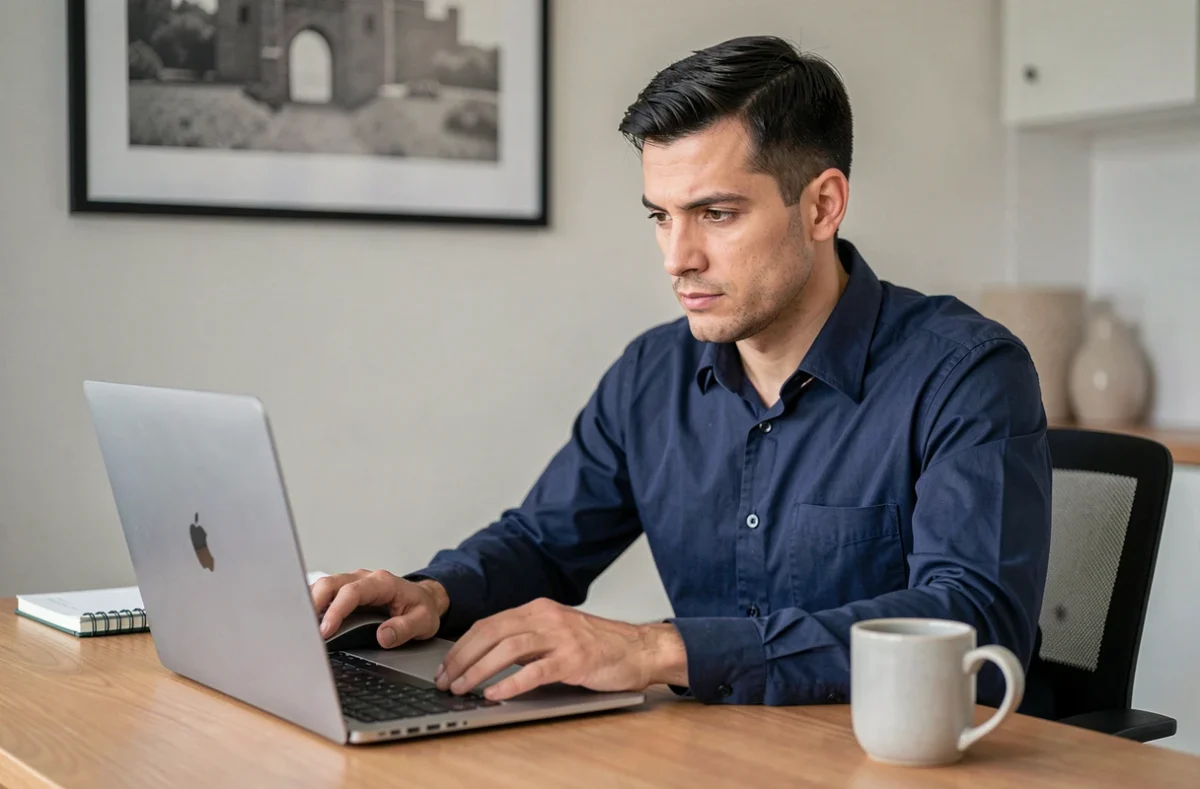 Homme consultant une story Instagram en toute discrétion depuis son ordinateur portable dans un bureau à domicile