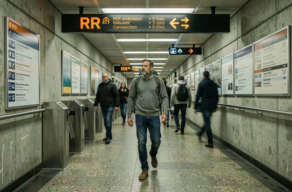 Voyageur en correspondance entre la ligne 7 du métro et le RER dans un couloir souterrain parisien avec panneaux de signalisation