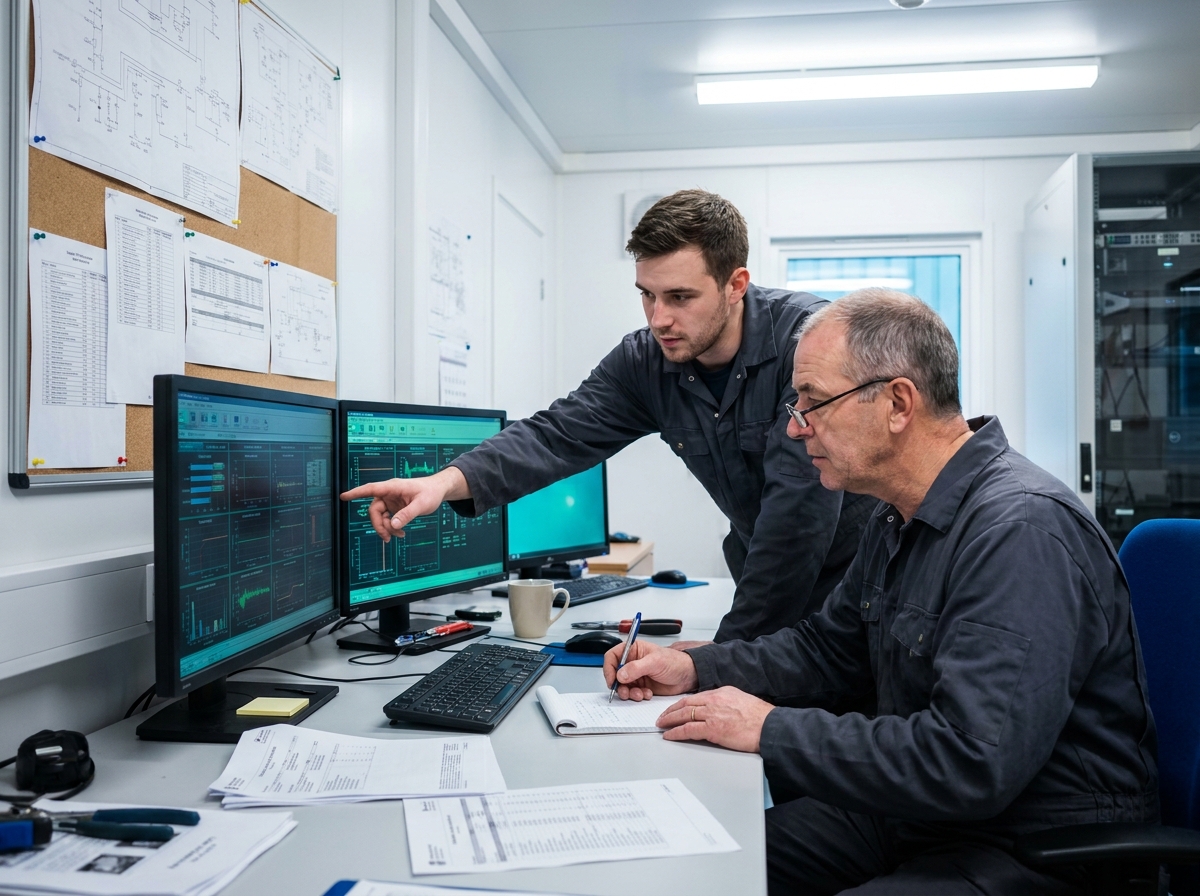 Deux techniciens de maintenance analysant des tableaux de bord de supervision machine dans une salle de contrôle