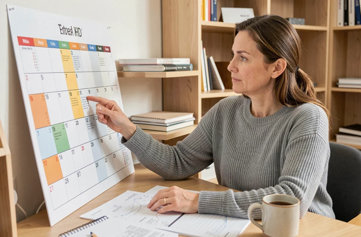 Femme consultant un calendrier annuel avec semaines paires et impaires numérotées, assise à un bureau en bois dans un bureau à domicile organisé