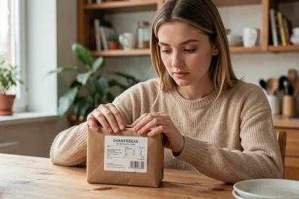 Jeune femme lisant l'étiquette d'un colis Vinted Go posé sur une table en bois dans un appartement