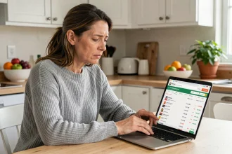 Femme consultant son panier de courses en ligne sur un ordinateur portable dans une cuisine moderne, expression préoccupée face au montant total élevé