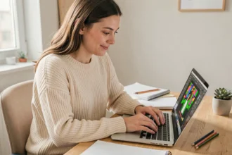 Jeune femme créant un dessin pixel art sur ordinateur portable dans un bureau cosy
