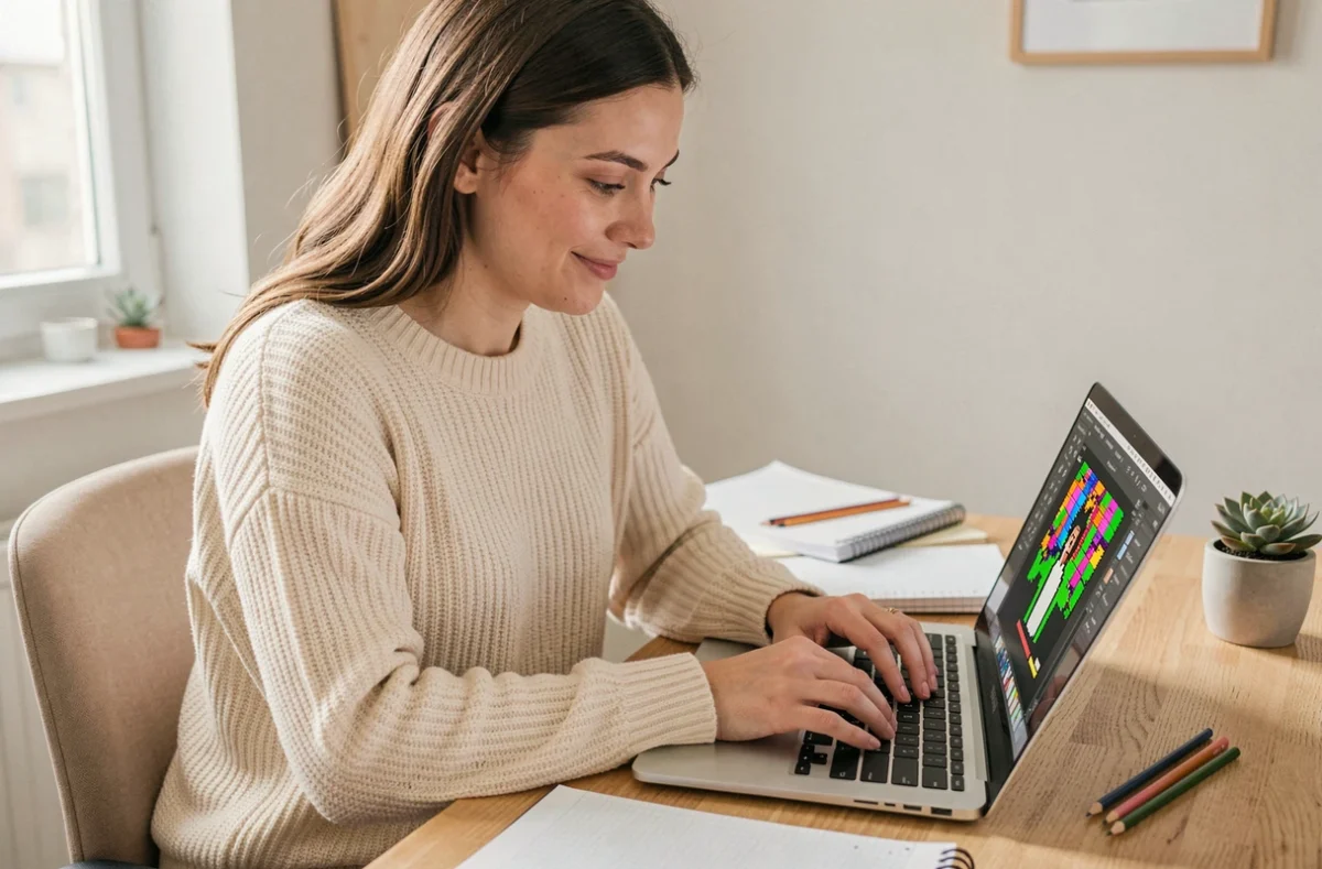 Jeune femme créant un dessin pixel art sur ordinateur portable dans un bureau cosy