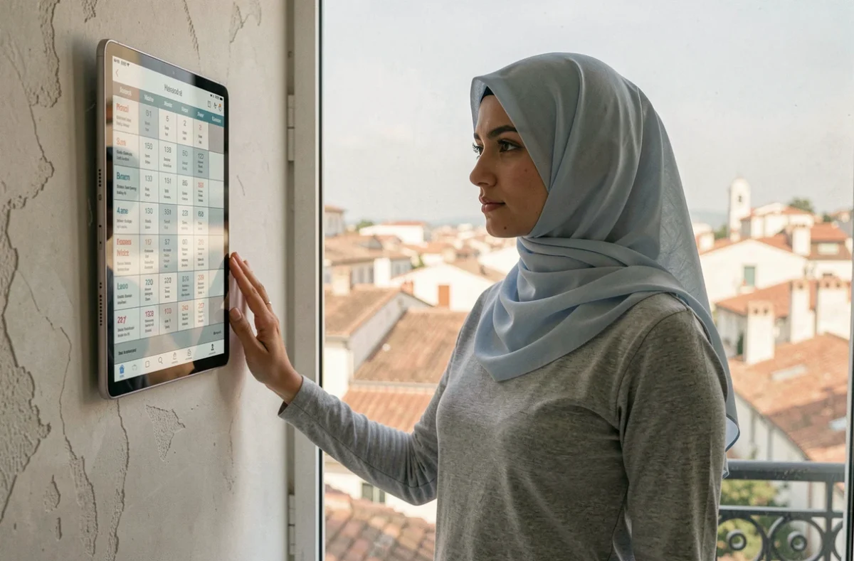 Femme musulmane consultant le tableau des horaires de prière affiché près d'une fenêtre avec vue sur Toulon