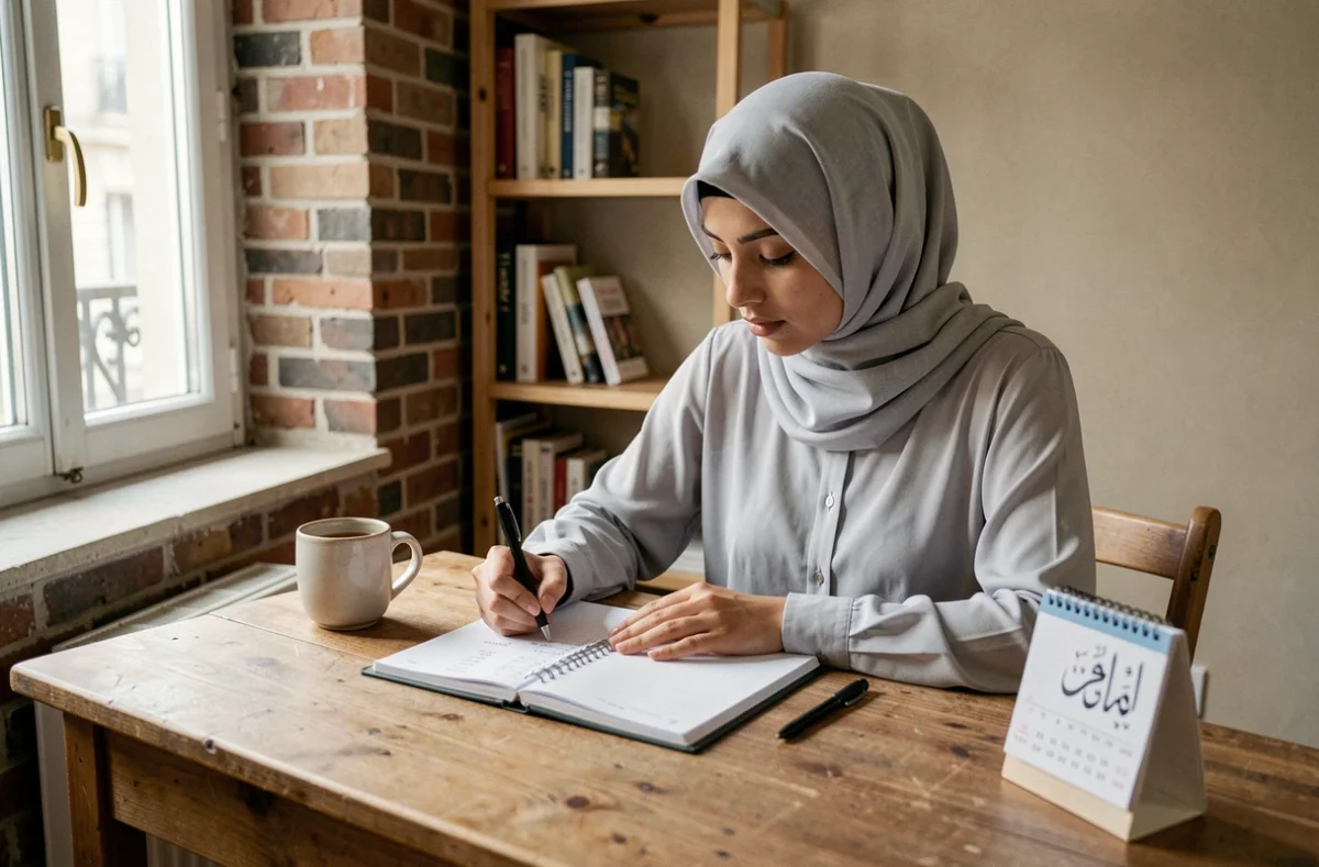 Jeune femme notant les heures de salat dans un agenda dans un appartement français