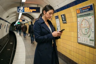 Femme consultant son téléphone sur le quai de la ligne 7 du métro parisien, entourée de carrelage jaune caractéristique