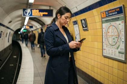 Femme consultant son téléphone sur le quai de la ligne 7 du métro parisien, entourée de carrelage jaune caractéristique