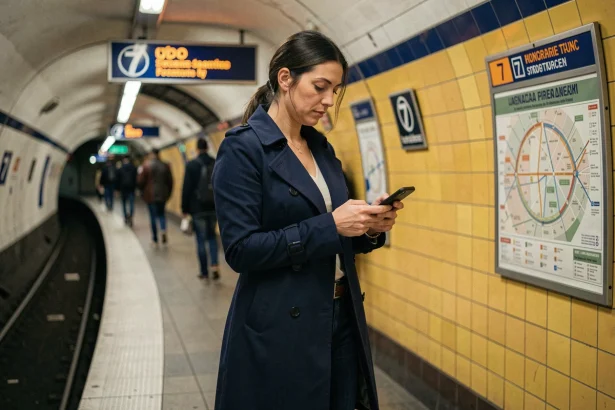 Femme consultant son téléphone sur le quai de la ligne 7 du métro parisien, entourée de carrelage jaune caractéristique