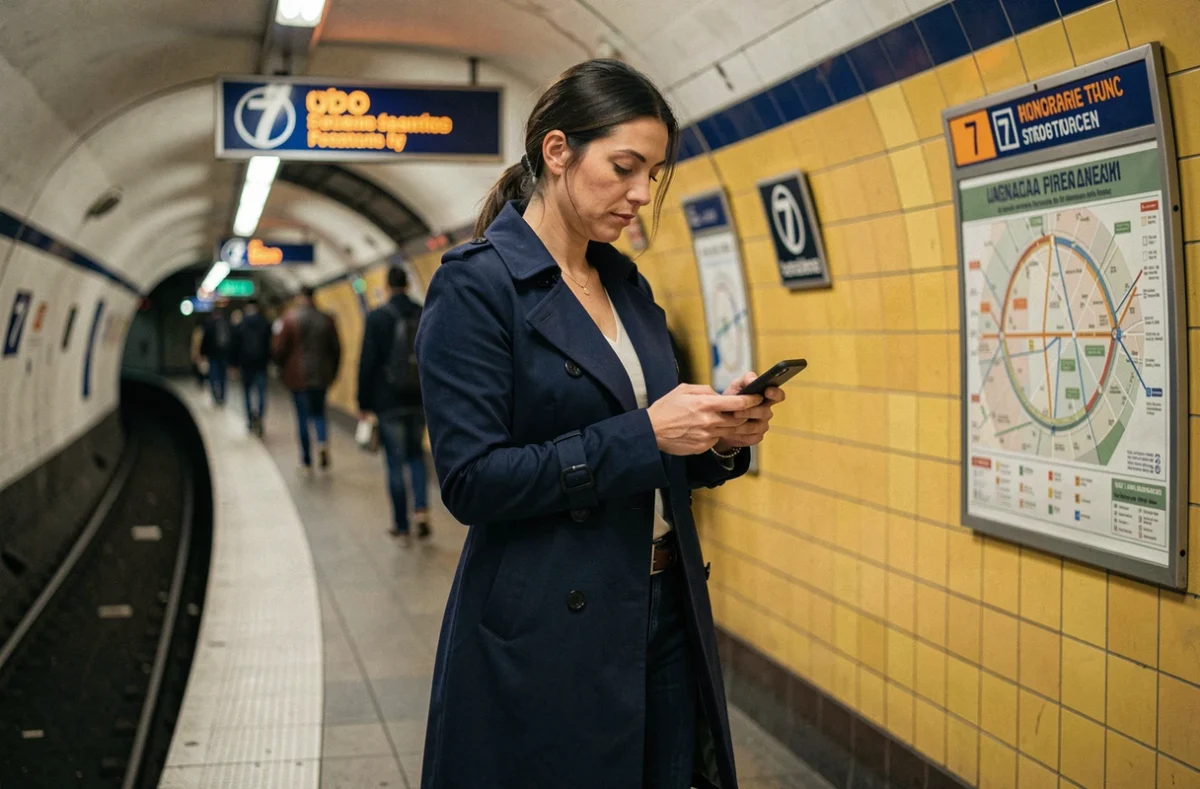 Femme consultant son téléphone sur le quai de la ligne 7 du métro parisien, entourée de carrelage jaune caractéristique