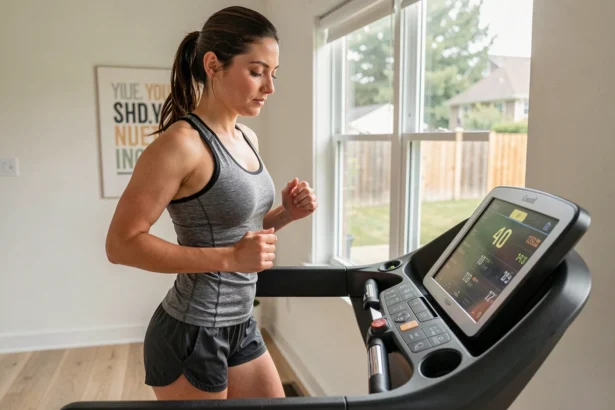Femme qui court sur un tapis de course en consultant l'affichage de la distance en miles et kilomètres
