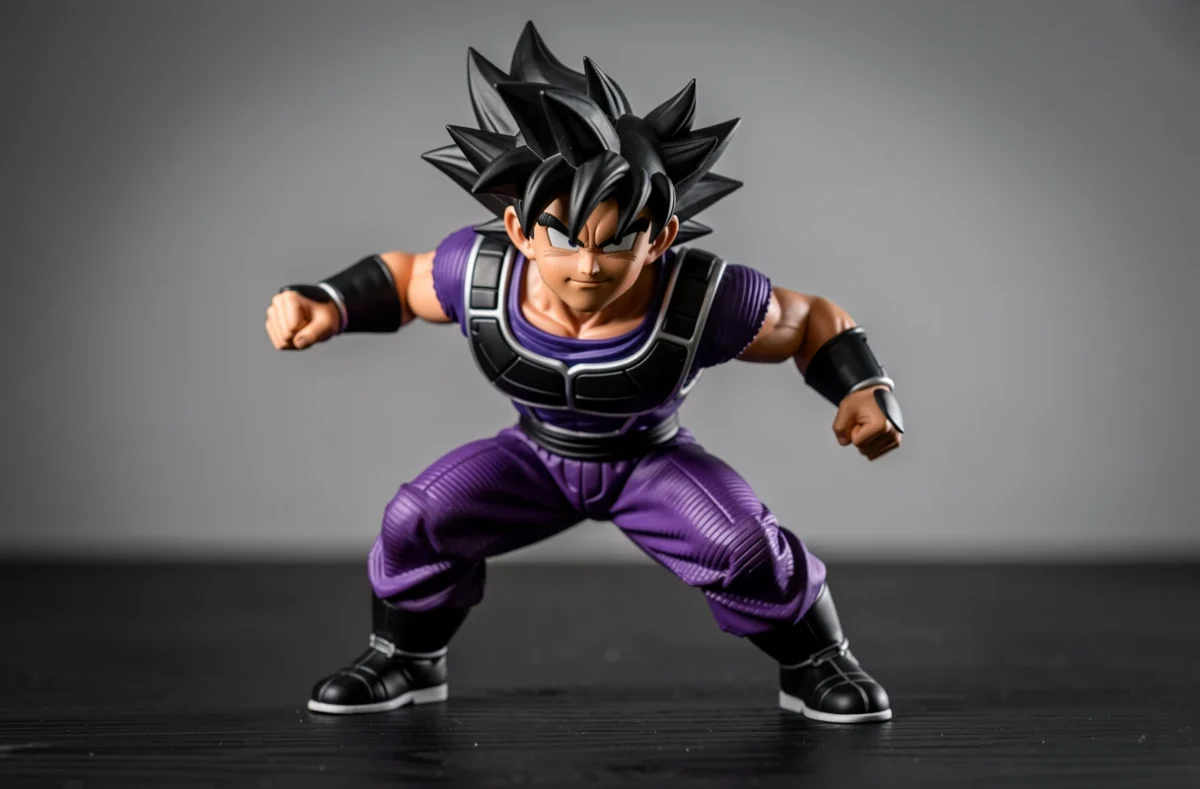 Figurine collector de Black Goku en pose de combat sur surface en bois sombre, détails peints en noir et violet avec bokeh neutre