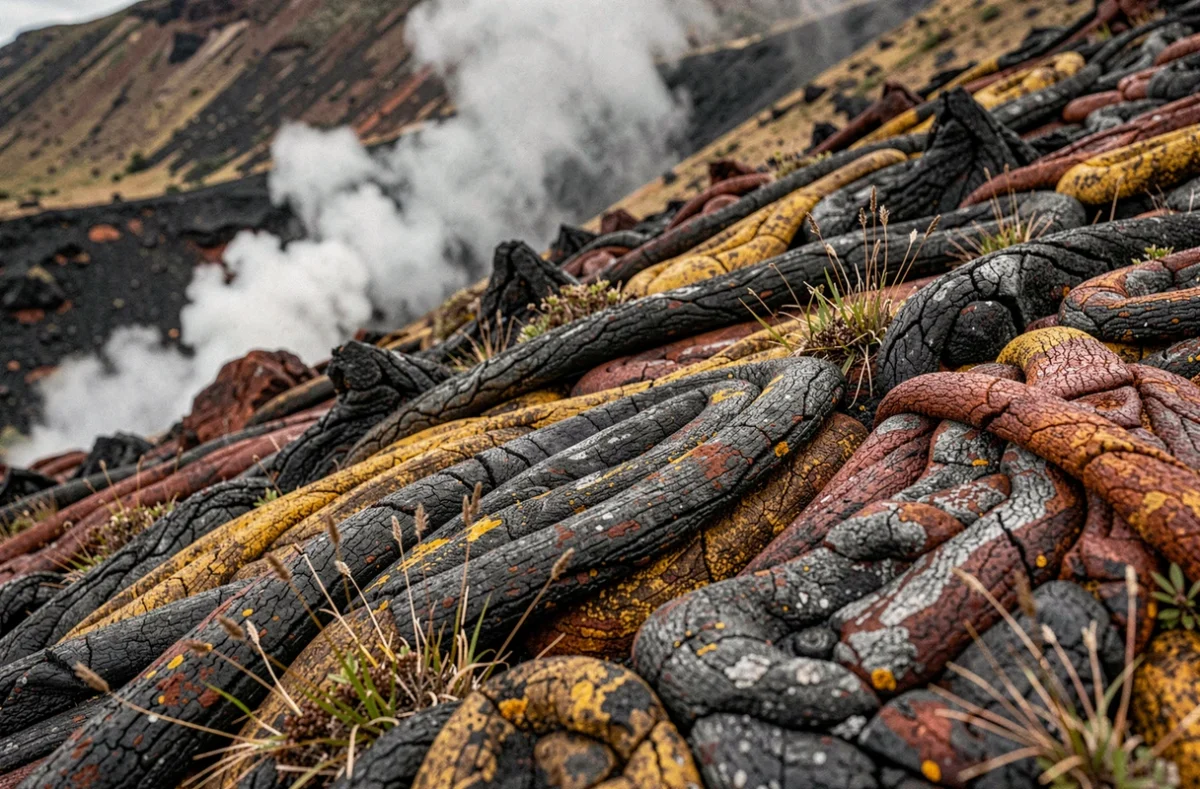 Formations rocheuses volcaniques japonaises avec lave basaltique et fumerolles sur le flanc du volcan