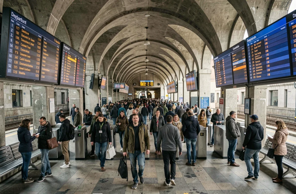 Hall animé d'une gare RER parisienne avec voyageurs passant les portiques et consultant les panneaux de départ en temps réel