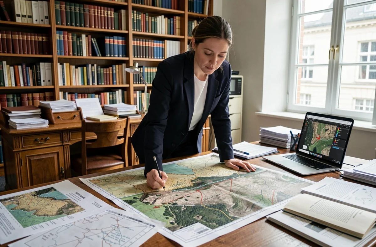 Historienne analysant des images satellites et des cartes topographiques pour localiser Alésia