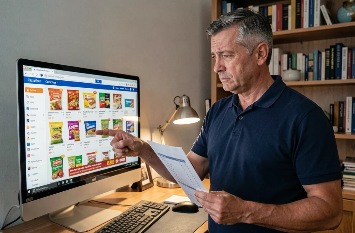 Homme comparant sa liste de courses papier avec un site de courses en ligne sur ordinateur de bureau, cherchant à éviter les erreurs d'achat coûteuses