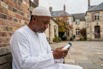 Homme consultant les horaires de prières sur son smartphone dans une cour urbaine de Douai