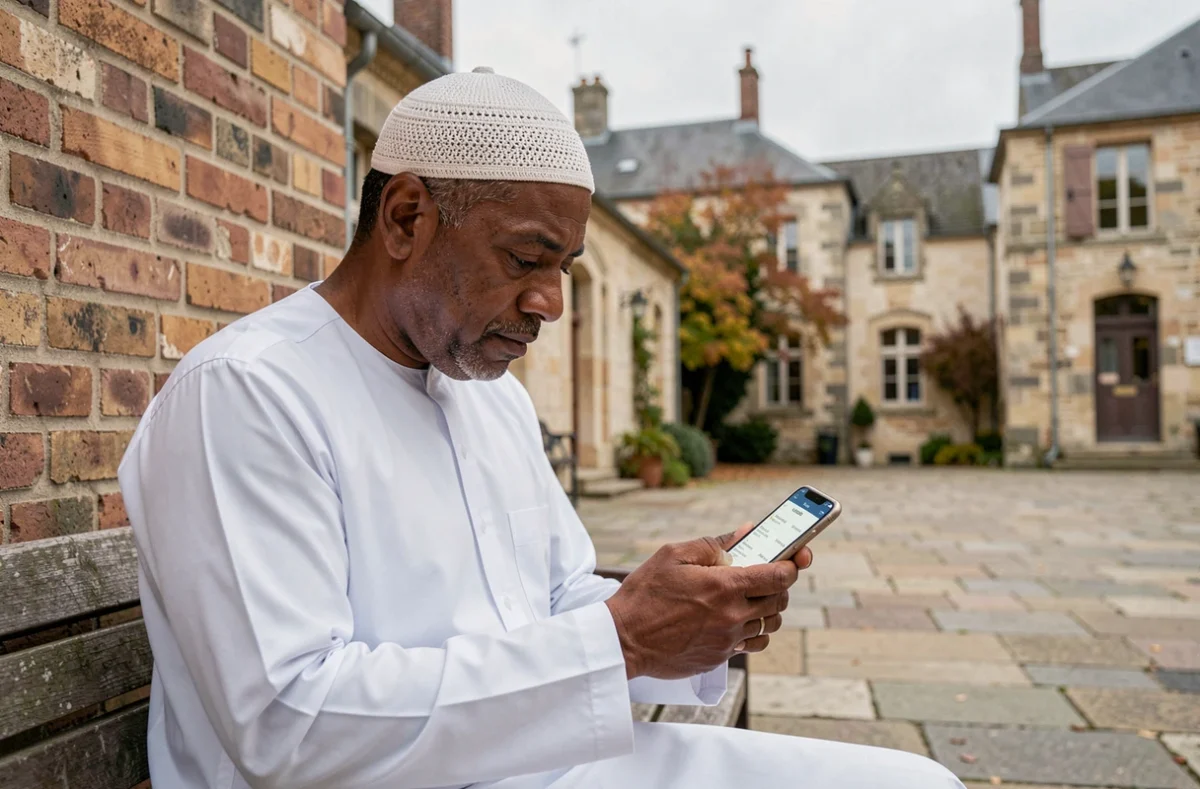 Homme consultant les horaires de prières sur son smartphone dans une cour urbaine de Douai