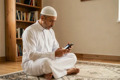 Homme musulman consultant les horaires de prière sur son smartphone dans un salon à Toulon