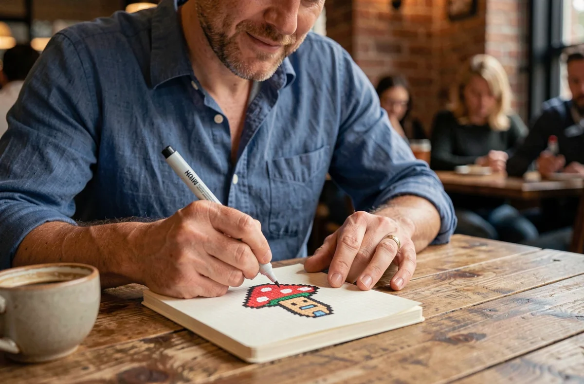 Homme dessinant du pixel art sur papier quadrillé avec des feutres dans un café