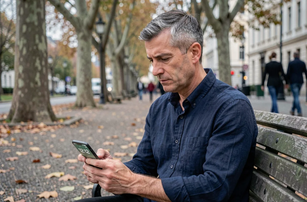 Homme assis sur un banc de parc regardant son smartphone affichant 12h12 avec une expression pensive en automne