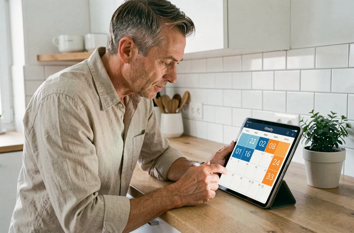 Homme consultant un calendrier numérique sur tablette affichant les numéros de semaines paires et impaires dans une cuisine moderne