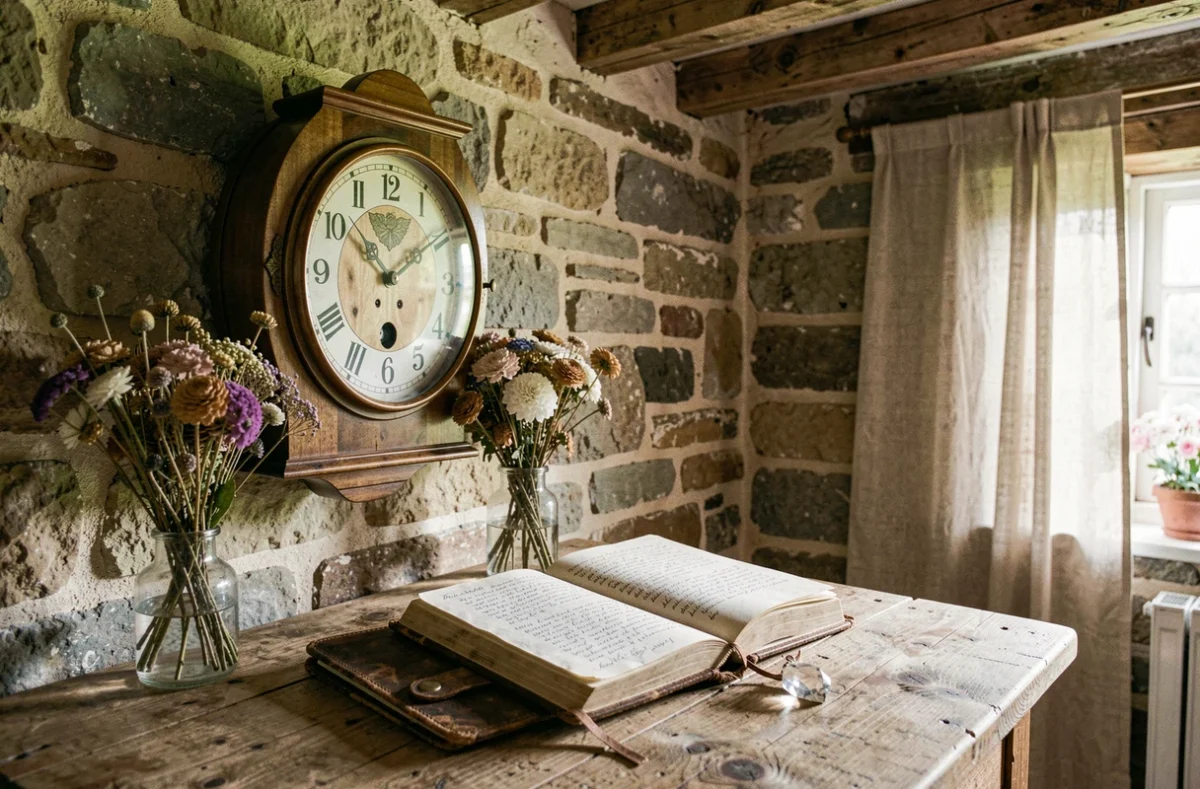 Horloge ancienne affichant 12h12 sur un mur en pierre avec journal et pendentif cristal dans un intérieur rustique
