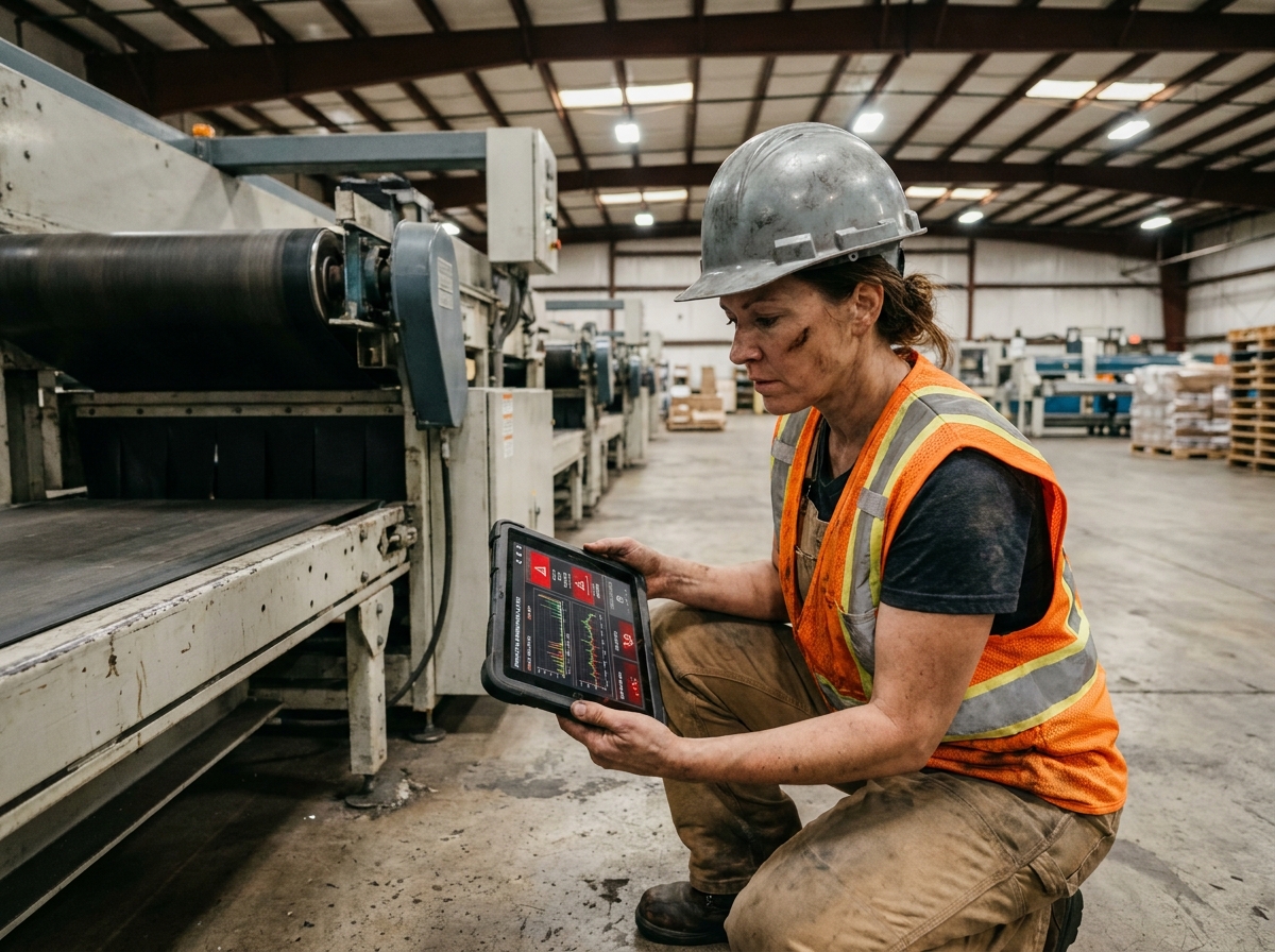 Ingénieure de maintenance vérifiant des alertes de supervision sur tablette numérique dans un entrepôt industriel