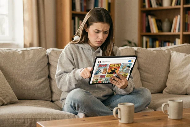 Jeune femme frustrée par une publicité intrusive sur son application de lecture de manga sur tablette
