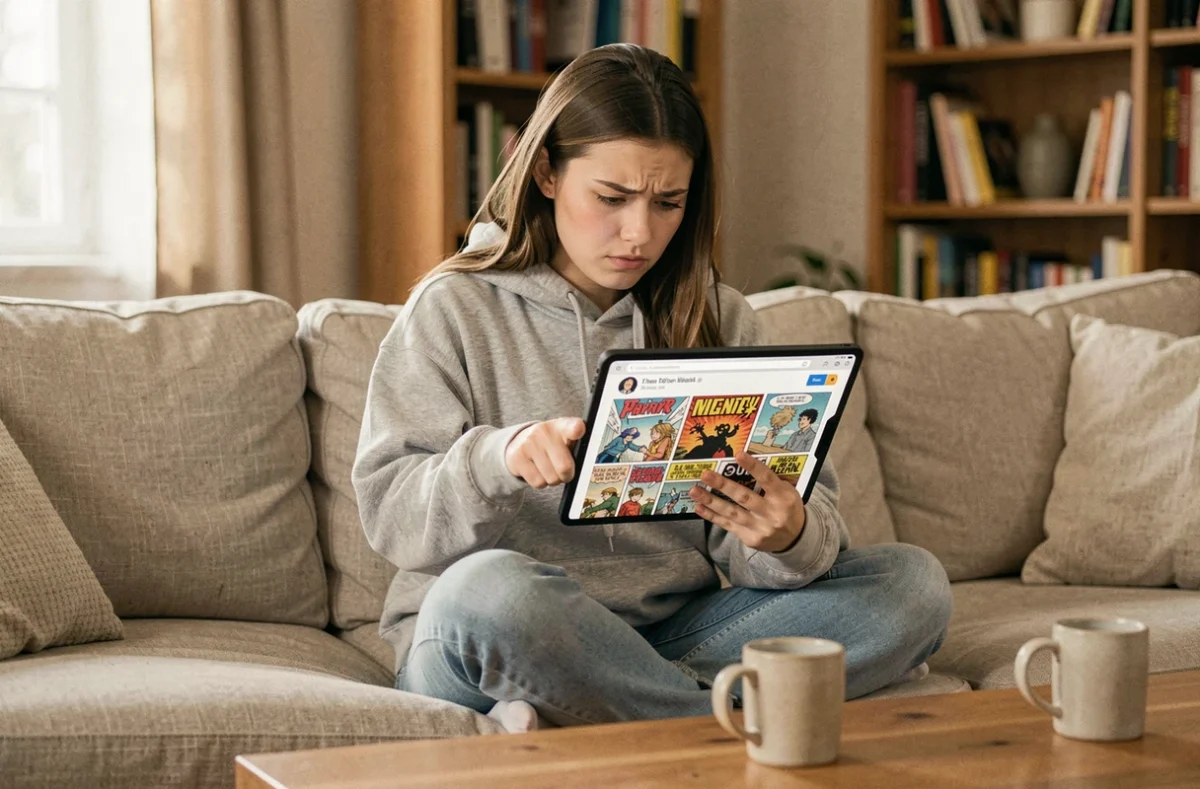Jeune femme frustrée par une publicité intrusive sur son application de lecture de manga sur tablette