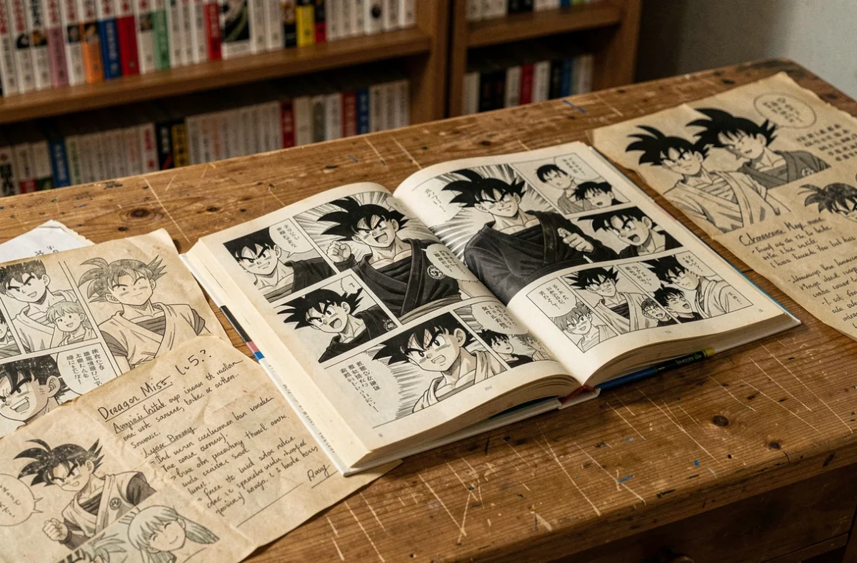 Volume ouvert de manga Dragon Ball sur un bureau en bois avec des notes manuscrites et croquis fan-art autour du thème Black Goku