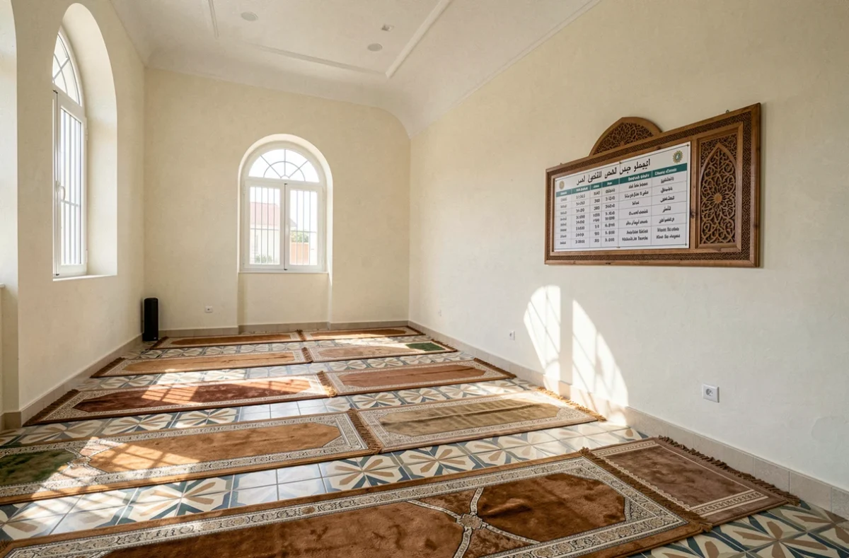 Intérieur d'une mosquée à Toulon avec tableau des horaires de prière affiché en arabe et en français