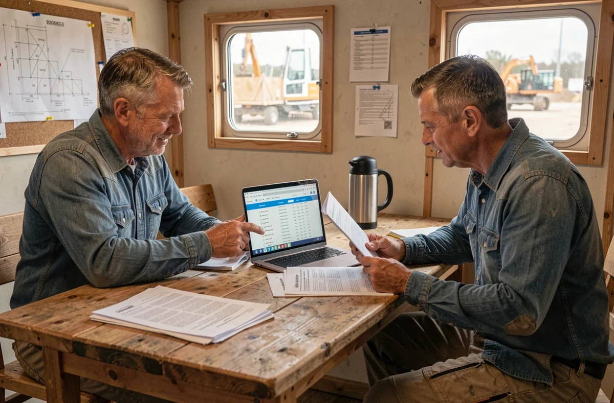 Deux professionnels du BTP discutant de l'inscription de leur entreprise sur une plateforme en ligne dans un bureau de chantier