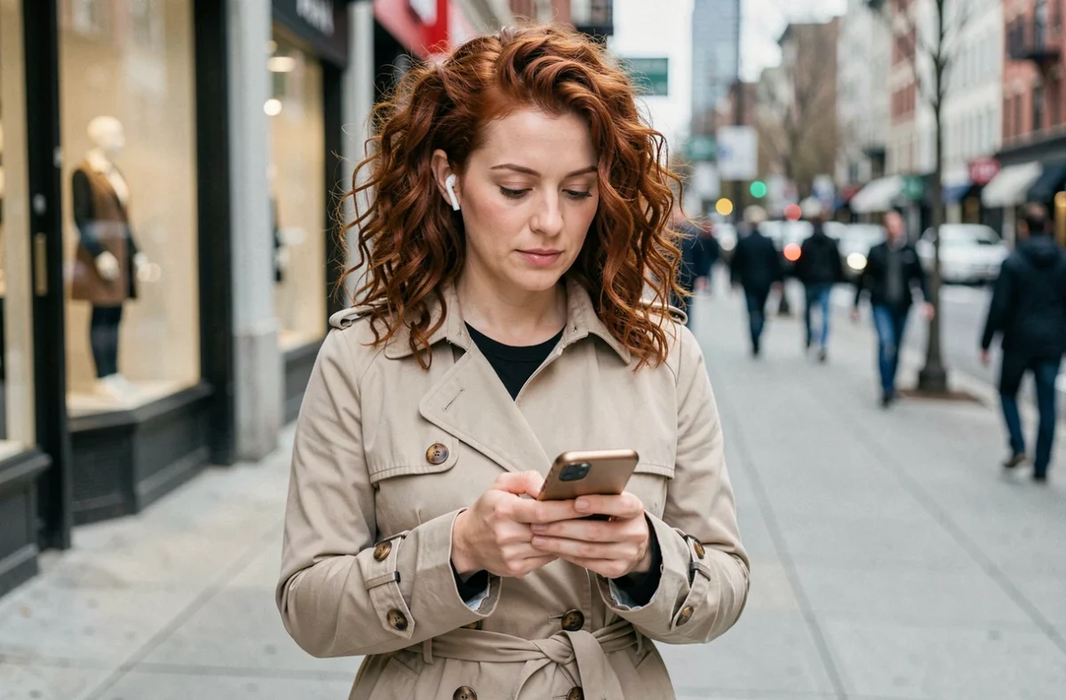 Femme regardant des stories Instagram discrètement sur son téléphone dans une rue de la ville