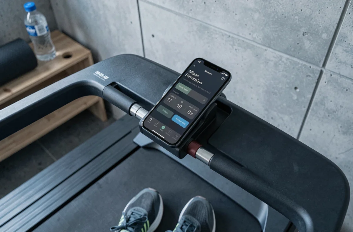 Smartphone affichant un convertisseur miles en kilomètres posé sur le repose-bras d'un tapis de course en fonctionnement