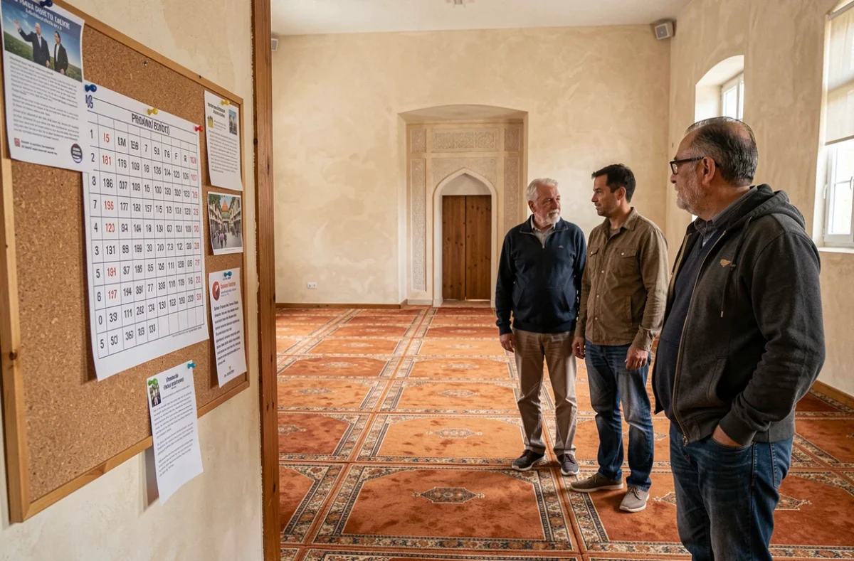 Tableau des horaires de prières affiché à l'entrée d'une mosquée du nord de la France