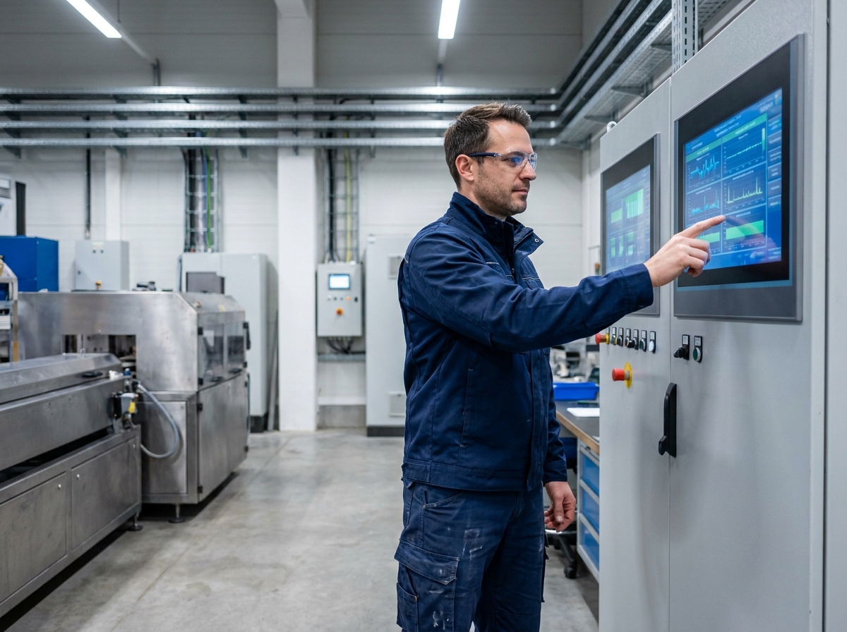 Technicien de maintenance industrielle consultant un tableau de bord numérique de supervision des machines en usine