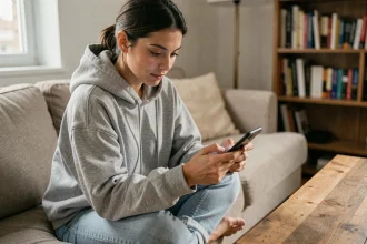 Jeune femme consultant discrètement son smartphone depuis son canapé pour voir une story Instagram anonymement