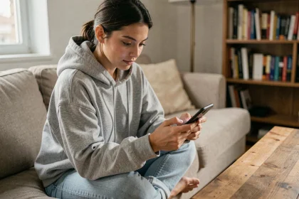 Jeune femme consultant discrètement son smartphone depuis son canapé pour voir une story Instagram anonymement