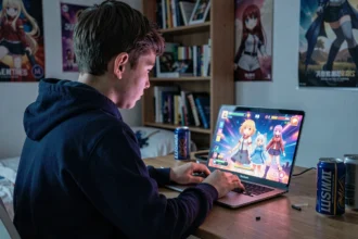 Adolescent concentré sur un jeu mobile anime sur son ordinateur portable dans sa chambre, illustrant les risques des codes gratuits en ligne