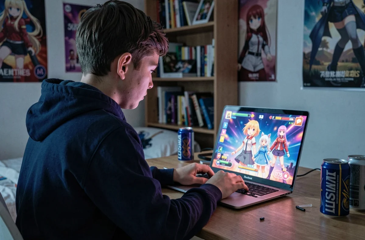 Adolescent concentré sur un jeu mobile anime sur son ordinateur portable dans sa chambre, illustrant les risques des codes gratuits en ligne
