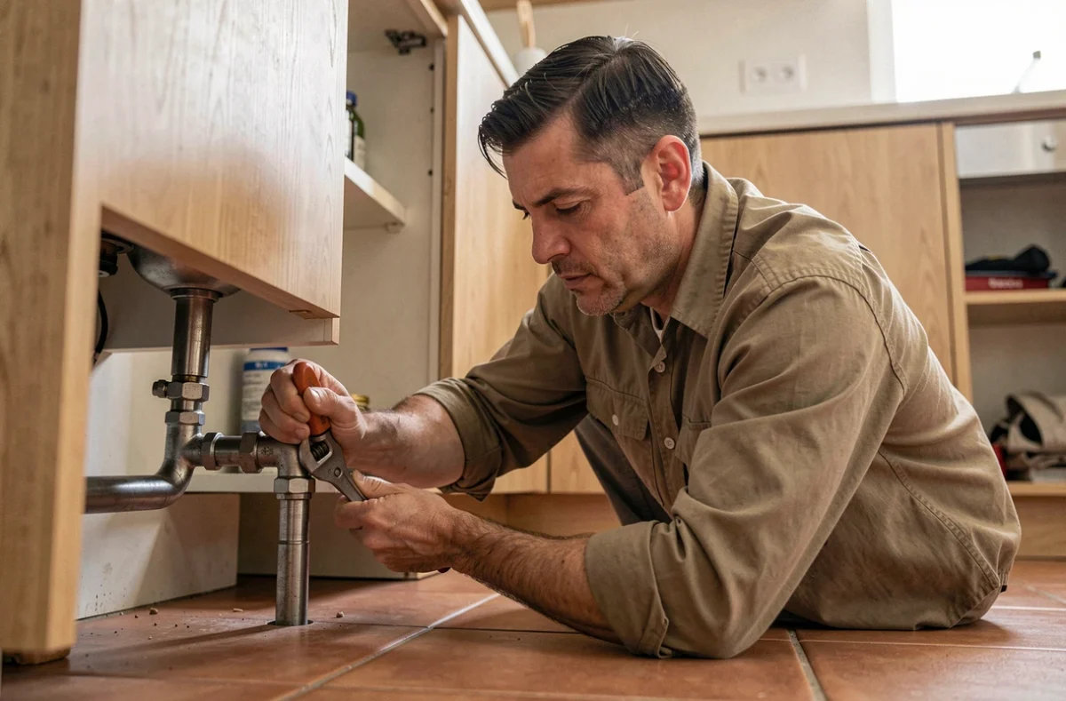 Plombier Ae Michel réparant des raccords sous un évier de cuisine dans un appartement moderne à Brest