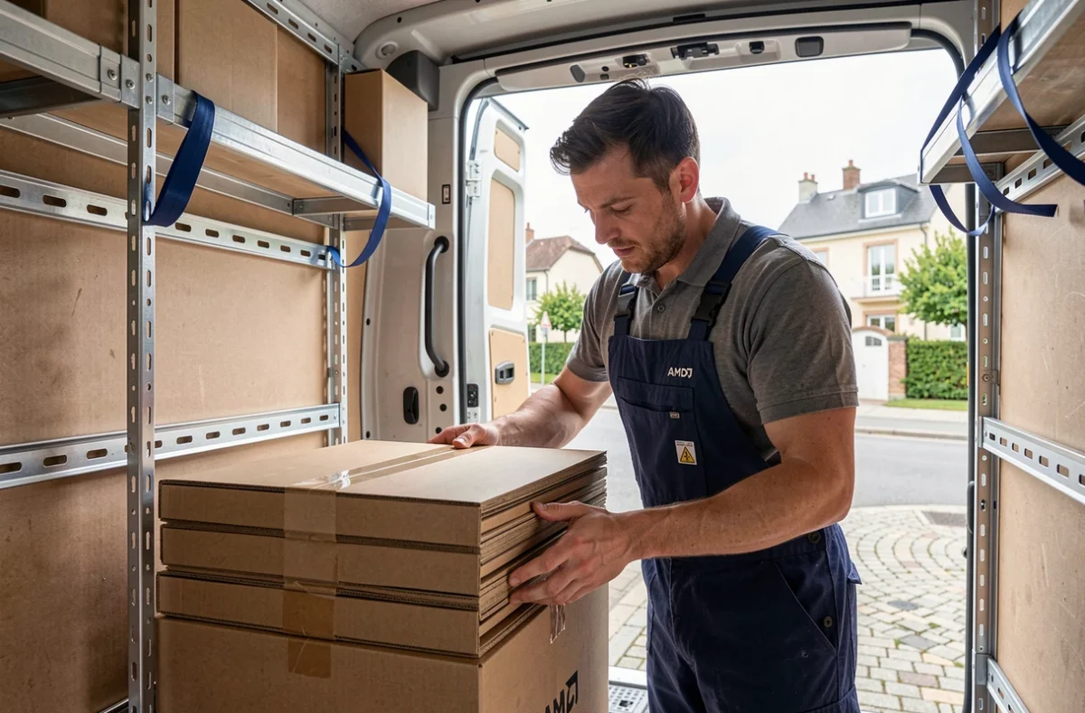 Déménageur AMD organisant des cartons à plat dans l'intérieur structuré d'un camion de déménagement